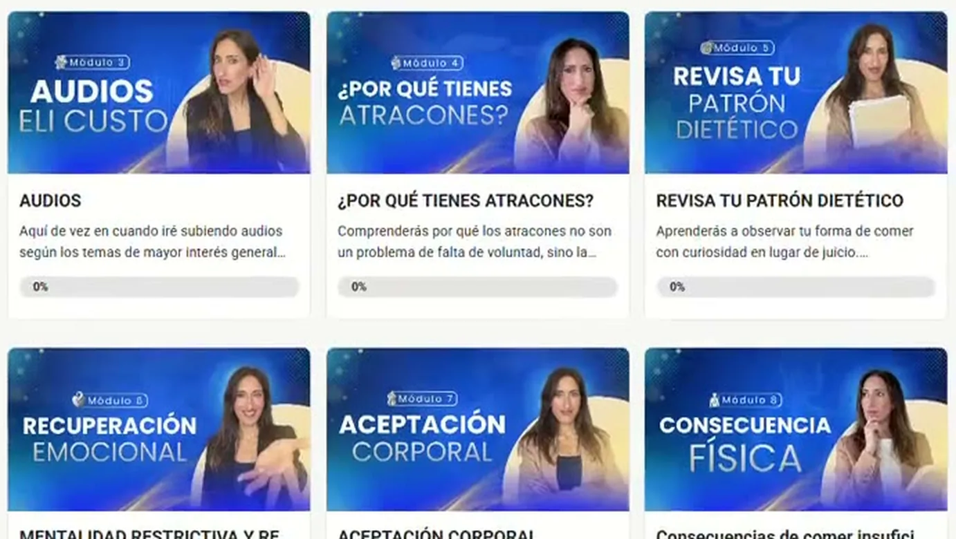 La biblioteca de Recupera-TCA por dentro: los módulos de clases organizados por temas — audios, atracones, patrón dietético, recuperación emocional, aceptación corporal